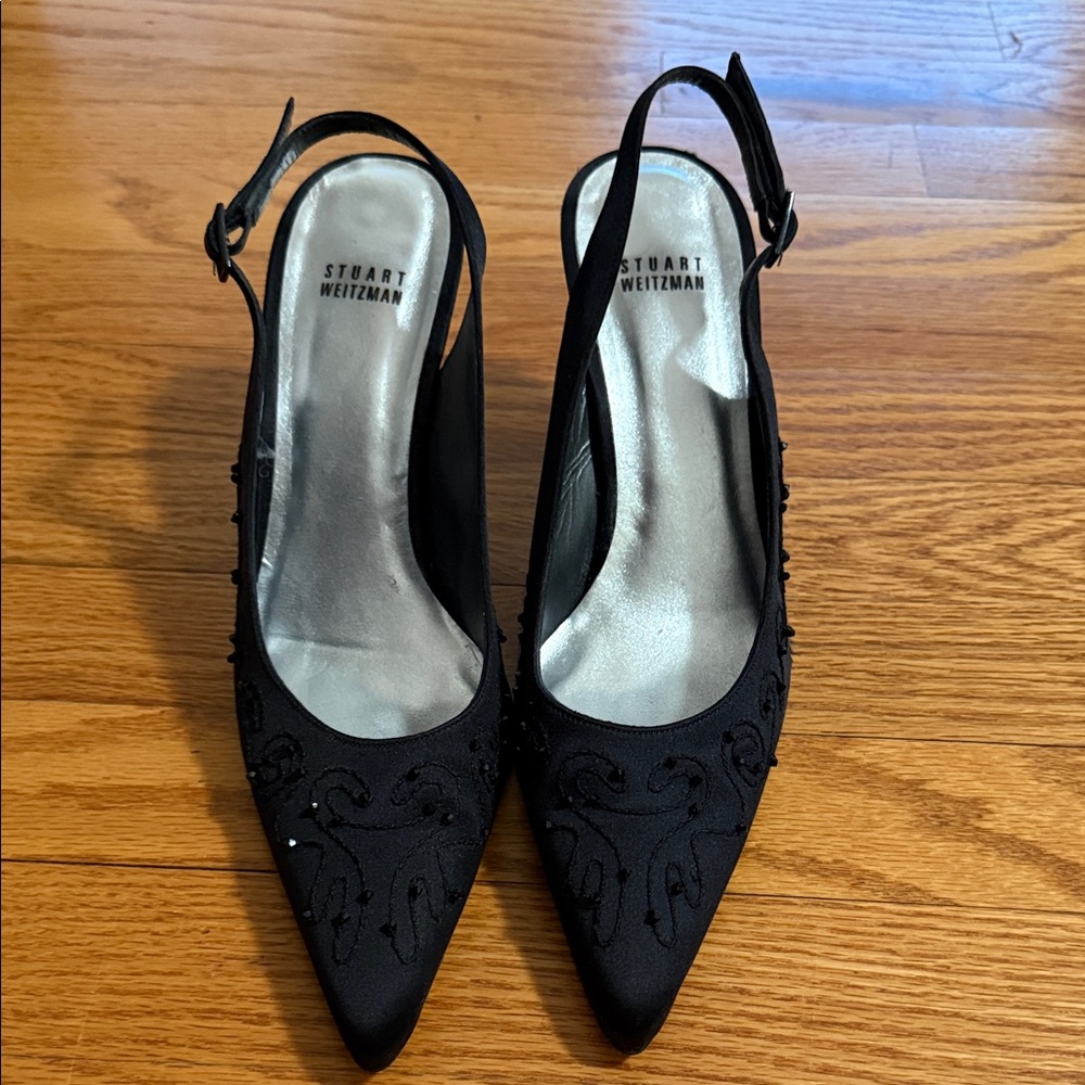 Stuart Weitzman Embellished Black Slingback Heels